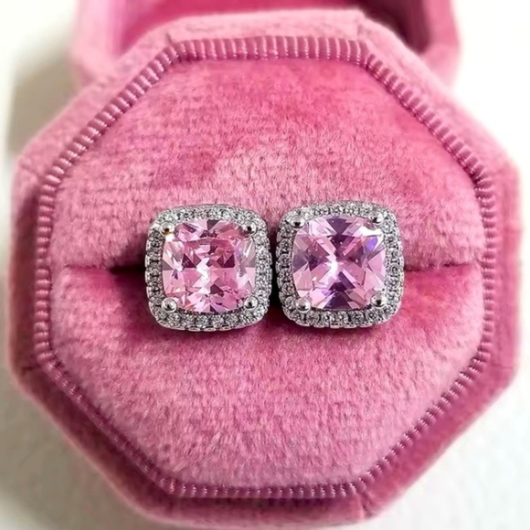 Square Pink Sapphire & Rhinestone Earrings